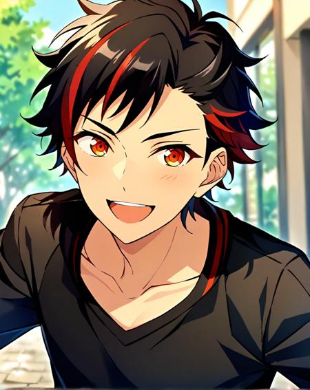 nagumo_tetora, black hair, streaked hair, red hair, amber eyes, short hair, hair between eyes, bangs