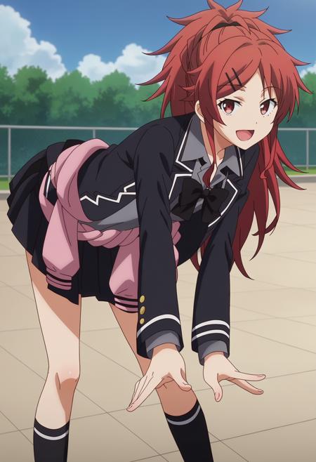 chiasuha, ponytail, red hair, long hair, pleated skirt, blazer, black skirt, black jacket, school uniform, grey shirt, clothes around waist, socks, black socks, chirng, ponytail, red hair, long hair, frilled bikini, hair ornament, swimsuit, orange bikini, hairclip, thigh holster, thigh strap, chirng, ponytail, red hair, long hair,