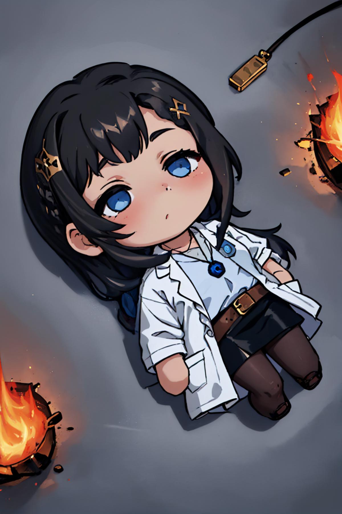 A cartoon illustration of a girl wearing a white lab coat, blue eyes, and a brown belt.