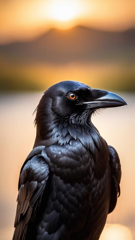 Picture a high-quality, close-up photograph capturing the enigmatic beauty of a crow's head in sharp detail. The crow's wise eyes are the focal point, deep and reflective, mirroring the entire world within their gaze. They hold an almost mystical quality, reflecting a miniature panorama of the surrounding landscape at sunset. The warm, golden hues of the fading sun bathe the scene, accentuating the intricate textures of the crow's feathers and adding a soft, ethereal glow to the image. The crow is looking directly into the camera, its gaze piercing and direct, creating an intense connection with the viewer. In its eyes, the faraway ocean and islands are glimpsed, subtly blurred in the background, enhancing the sense of depth and isolation. This image is framed with a careful balance of zoom and depth of field, ensuring the crowâs face is in sharp focus while the background fades into a dreamy bokeh, emphasizing the profound and solitary figure of the crow against the vastness of the world.