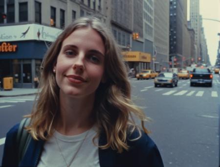 <lora:RSF8MM-sdxl-justosious:0.6>, rsf8mmsdxlv1, Super 8 of a average girl in city, new york, cinematic, halation, (coarse grain)