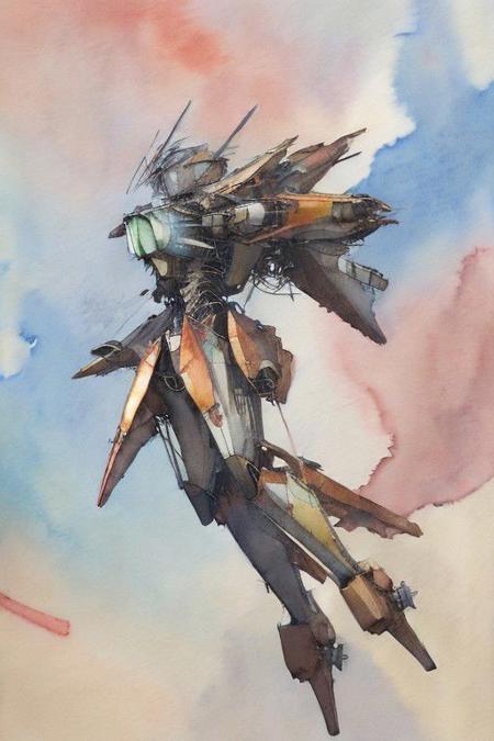 (watercolor art:1.5), 2d artwork, line art, cenptual art, a flying mecha robot in a space battle, cybernetics, stainless steel finishes and rusted steel, <lora:Llebbeuswoods
:1.5>, (action, motion pose), aviation