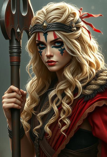 Kalloni shows us the glory of battle, the value of truth, and represents the beauty of the life that we defend. She is blonde, with wavy hair. She wears black warpaint around her eyes, and red in streaks around her face. She carries a mace as a weapon.