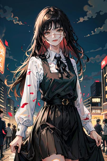 (masterpiece, best quality), illustration,  <lora:yoruchainsawmanv3:1>, yoru, 1girl, long hair, yellow eyes, scar on face, ringed eyes, pinafore dress, black belt, black ribbon, smile, petals, blood, night, city, semaphore, crowd