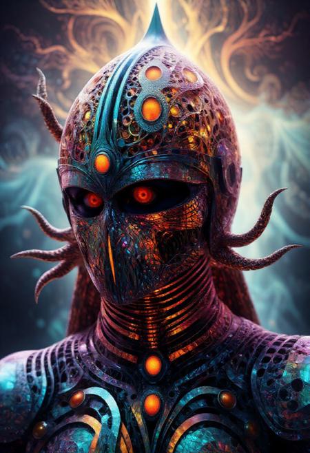 Masterpiece fantasy knight of legend with black armor, made out of fractangles, a helmet filled With Bones, Burning thunder storm, arms crawling oput of helmet. 2000s vintage RAW photo, photorealistic, film grain, candid camera, color graded cinematic, eye catchlights, atmospheric lighting, natural, shallow dof, High level of detail to create a photographic-like image, focusing on lighting, realistic textures, hyperdetailed.  <lora:Fractangles - Flux_epoch_20:1>