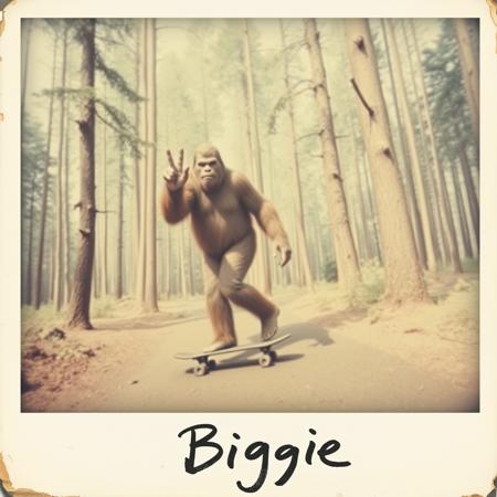 An old and distressed polaroid photograph of Bigfoot skateboarding through the forest, from the year 1960, looking at viewer, holding up hand, making the peace sign with hand, handwritten at the bottom is the signature "Biggie", whimsical masterpiece,