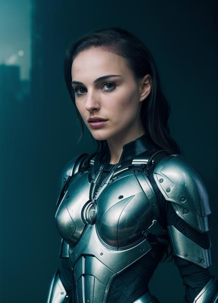 medium shot photo of sexy woman, (natlp), cyborg wearing scratched and tarnished futuristic armor in a destroyed futuristic city, fantasy, sci-fi, beautiful feminine face, seductive, sexual, mist, vivid alluring eyes, best quality masterpiece, photorealistic, detailed, 8k, HDR, shallow depth of field, broad light, high contrast, backlighting, bloom, light sparkles, chromatic aberration, sharp focus, RAW color photo