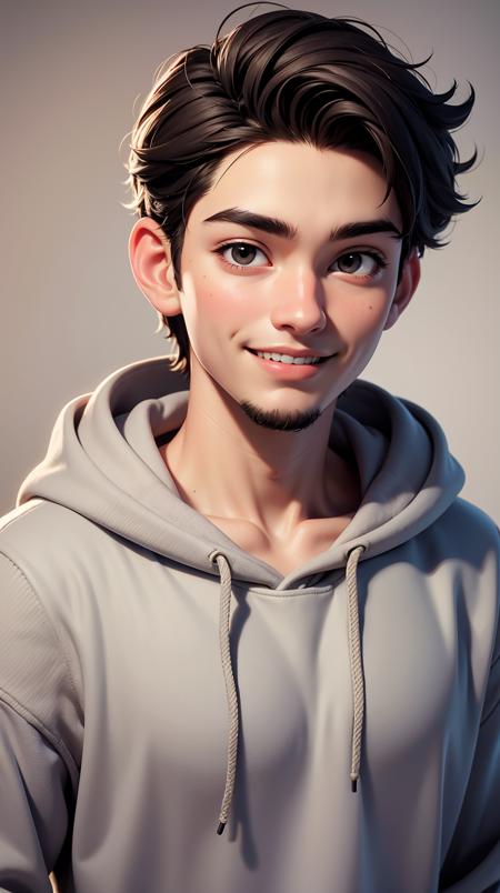 man,age 20 years old, short,smile, goatee, hoodie,portrait,(masterpiece, best quality, highres),