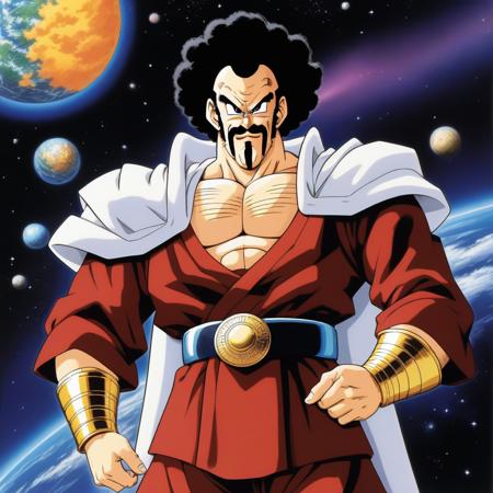 anime illustration by Akira Toriyama,Mr. Satan man,standing, wearing a sayan armor, space, <lora:mr_satan-000007:0.5>