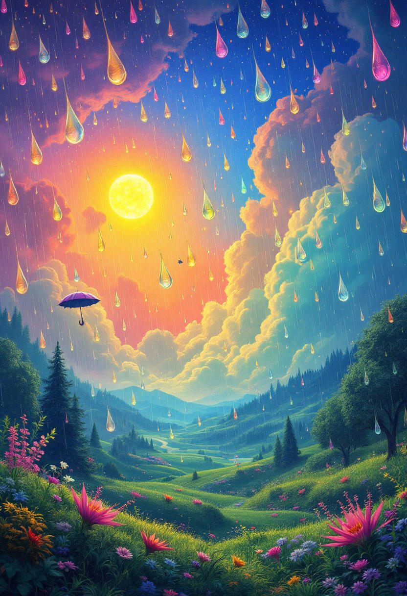 A highly detailed, cinematic scene inspired by the surrealist style of René Magritte, portraying a whimsical and uplifting rainstorm. Each raindrop appears vibrant, reflecting rich and deep colors against a bright, cheerful sky, lending an optimistic atmosphere to the composition. The background features a magical, dreamy landscape with expressive elements and a touch of the surreal—a floating umbrella or unexpected objects suspended in the rain, reminiscent of Magritte’s poetic charm. The color palette is saturated and radiant, with every detail crafted precisely for an aesthetically inspiring and immersive experience. The scene radiates a playful, pure, and almost ethereal quality, captivating with its vibrant tones and dreamlike coherence. Vivid surreal scene, whimsical rainstorm, bright sky, reflective raindrops, floating umbrella, magical elements, vibrant colors, playful atmosphere, expressive dreamscape, ethereal and cheerful. A meticulously crafted scene with cinematic flair, influenced by surrealism, showing a unique rainstorm where each drop shines with intense color, creating a lively contrast with a radiant sky. In the background, a fantasy-inspired world unfolds, complete with floating umbrellas and surreal objects dancing among the raindrops, celebrating the imaginative elegance often seen in Magritte’s work. The bold palette is rich and luminous, adding a sense of purity and playful charm.