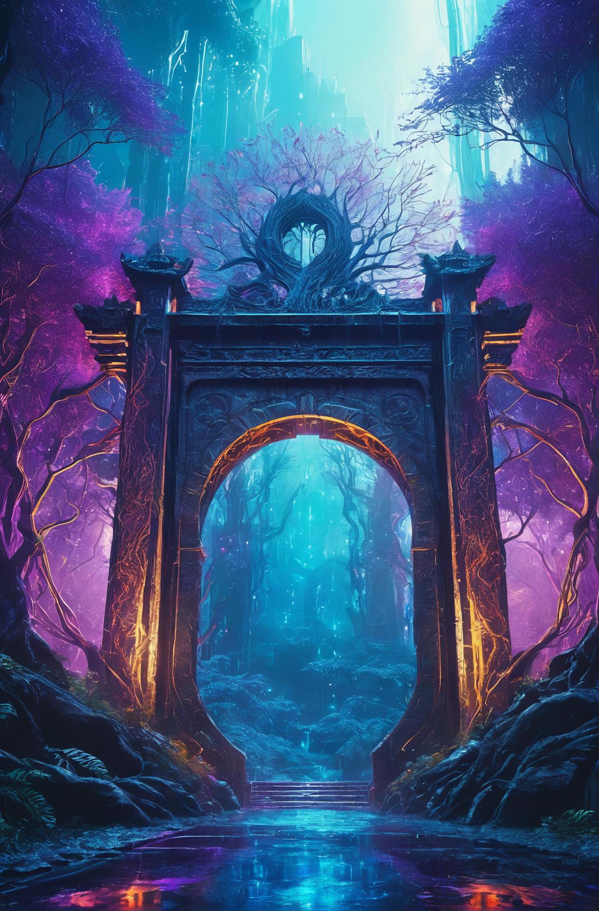 A purple and blue forest with a large archway and trees.