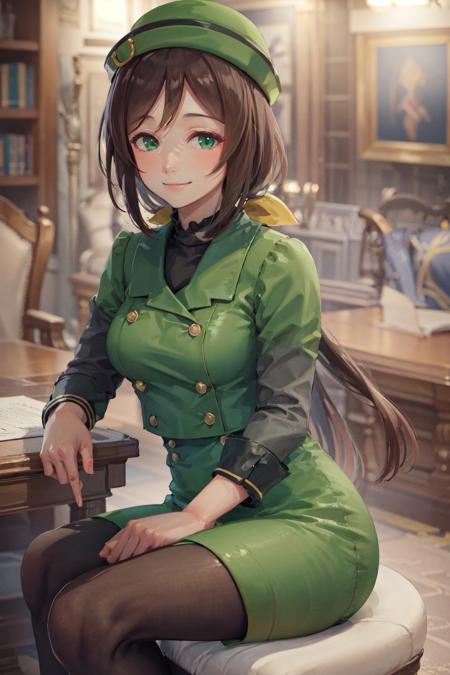 (masterpiece, best quality:1.2), <lora:umamusume_hayakawa-10:1>, solo, 1girl, hayakawa tazuna, smile, closed mouth, looking at viewer, sitting, low ponytail, green headwear, green jacket, green skirt, pantyhose