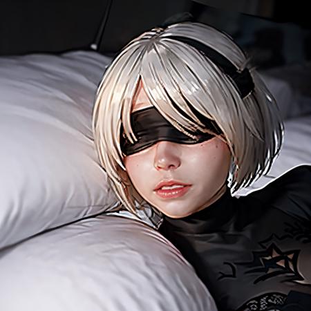 Highly detailed, High Quality, Masterpiece, beautiful, IncrsLimmyWakingUpMeme, <lora:LimmyWakingUpMeme:1>, 1girl, n_2b, blindfold, black blindfold, <lora:Char_Nier_2B:1>