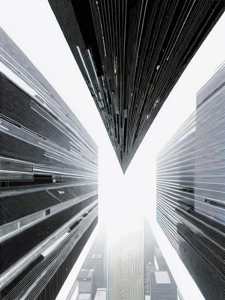 <lora:RyojiIkeda:1>a black and white image of a futuristic city with lines coming out of it by Ryoji Ikeda