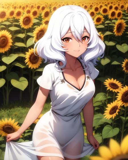 <lora:Altria_Grem_V2:0.8>
Altria Grem wearing a sheer white summers dress in a sunflower field, smiling