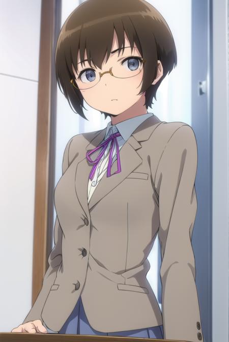 manamitamura, <lora:manami tamura s2-lora-nochekaiser:1>,
manami tamura, short hair, brown hair, (grey eyes:1.3), glasses,
BREAK skirt, school uniform, jacket, blazer, grey skirt,
BREAK indoors, classroom,
BREAK looking at viewer, (cowboy shot:1.5),
BREAK <lyco:GoodHands-beta2:1>, (masterpiece:1.2), best quality, high resolution, unity 8k wallpaper, (illustration:0.8), (beautiful detailed eyes:1.6), extremely detailed face, perfect lighting, extremely detailed CG, (perfect hands, perfect anatomy),