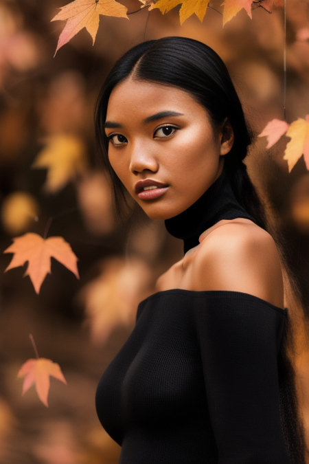 RAW photo, masterpiece, best quality, high quality, 85mm, F/5.8, insanely detailed and intricate, 1girl, brown eyes, black hair, (high detailed skin:1.2), turtleneck, detailed background, nature background, (autumn), solo, 8k uhd, dslr, soft lighting, film grain, Fujifilm XT3 <lora:DeviLora:1>