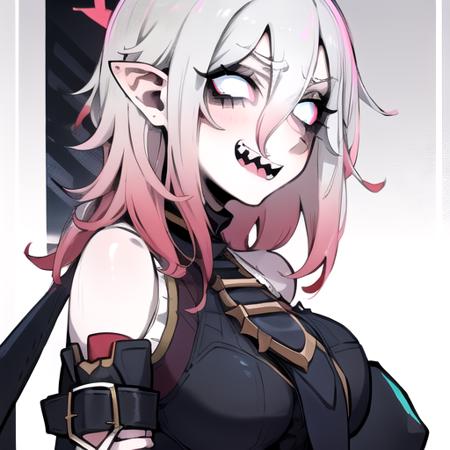 <lora:Briar:1> briar, 1girl, solo, glowing, glowing eyes, hair between eyes, pillory hemolith, multicolored hair, teeth, colored sclera, sharp teeth, colored skin, silver eyes, pink sclera, bare shoulders, gradient hair, pink hair, short hair, grey skin, pointy ears, black outfit, white hair, big breasts  jk <lora:JdotKdot:1>  sharp teeth  <lora:Better Sharp Teeth 3:1> full body, hands behind hips