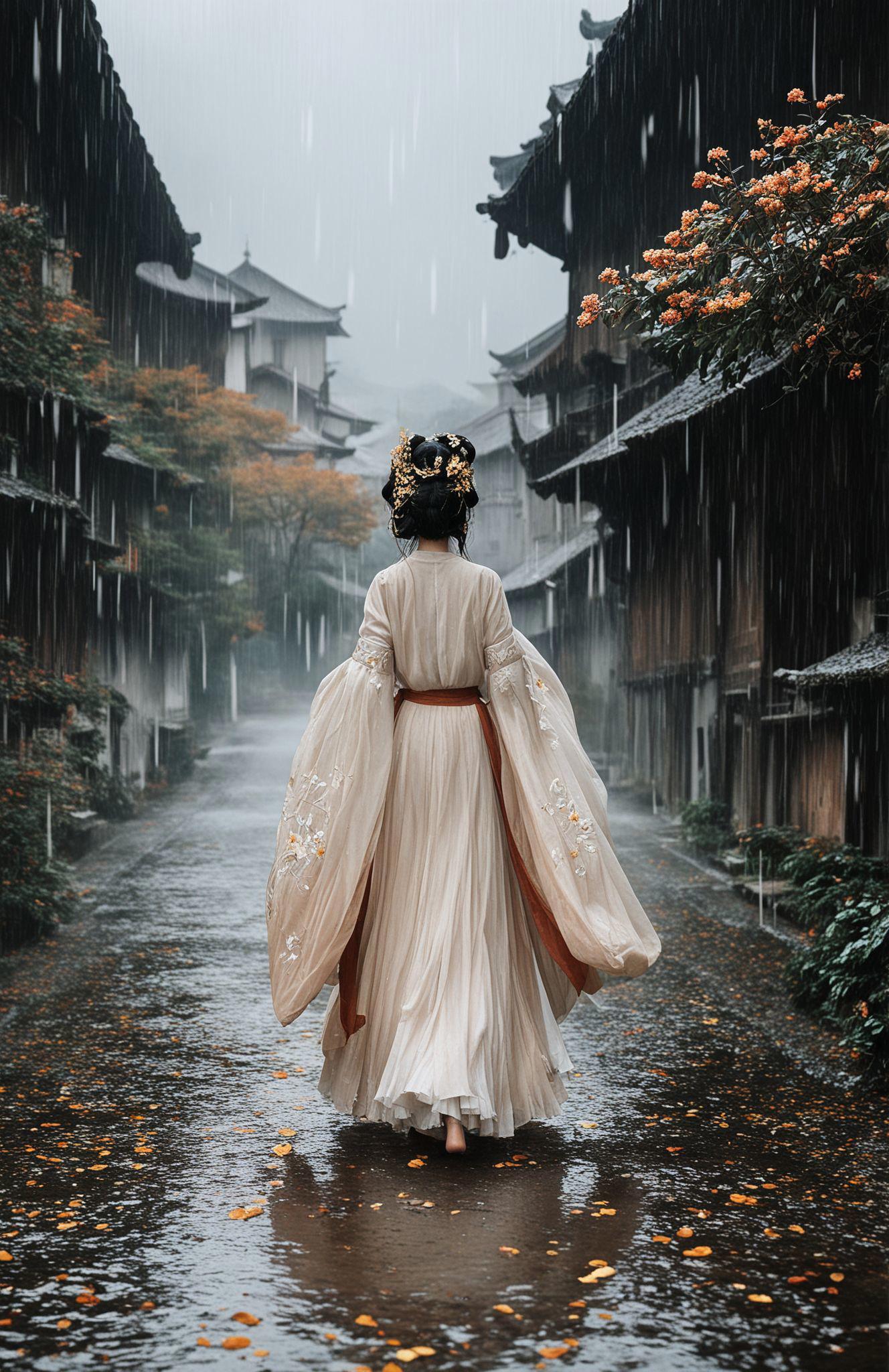 score_9,score_8_up,score_7_up,score_6_up,score_5_up,hanfu, Amidst the gentle spring rain, the wutong lane glistens with wet pavement. The Hanfu maiden walks on fallen wutong leaves, her sleeves embroidered with golden wutong blossoms. Petals drift down with the rain, creating a poetic scene. Along the lane, ancient houses stand silently, and swallows under the eaves whisper tales of bygone years.