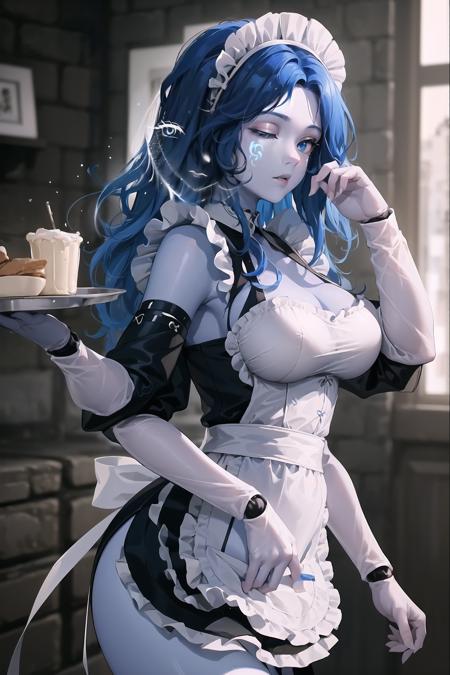 masterpiece, best quality, IncrsRanni, wavy hair, cracked skin, colored skin, blue skin, extra faces, extra arms, <lora:RanniV4LoRA:1>, doll, joints, doll joints, maid, maid headdress, maid apron, cowboy shot, large breasts,