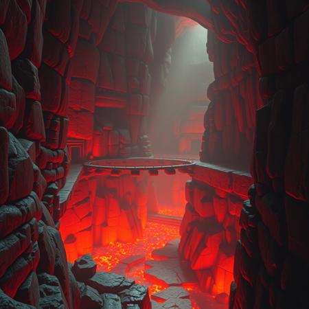 A liminal space within the Fire Temple from The Legend of Zelda: Ocarina of Time—a vast, ancient structure buried deep within the earth, where heat distorts the air and time feels like it has melted away. The towering stone walls are cracked and scorched, glowing faintly with an ember-red hue. Fissures in the ground pulse with molten lava, casting flickering shadows that seem to move on their own.
The silence is oppressive, broken only by the low, distant rumble of shifting rock and the occasional hiss of steam escaping unseen vents. Stone bridges stretch across vast pits of fire, suspended over an abyss that feels endless. The corridors, lined with intricate but worn-down carvings, spiral into darkness, their paths unclear—almost as if the temple itself is shifting, alive in its slumber.
Despite the suffocating heat, the air feels eerily still, untouched by wind or movement. The temple is empty, yet the sensation of being observed lingers, as if something ancient is buried within its depths, waiting. The Fire Temple exists in a space outside of time—a forgotten furnace, still burning, long after its purpose has been lost.