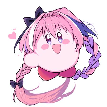 (Highest picture quality),(Master's work),kirby,purple eyes, smile, open mouth,Astolfo, long braid, braid, hair between eyes, hair bow, black bow, pink hair, single braid, long hair, hair intakes, streaked hair,  hair ribbon,