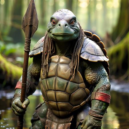 highly detailed portrait photo of a (tortle):1.0,

tortle, solo, looking at viewer,colored skin, shoulder armor, gauntlets, pauldrons, spear, breastplate, green skin, chainmail,

a primitive camp in a swampy jungle,

depth of field:1.2, blurry, blurry background,
realistic:1.3,

photorealistic,
fantasy, cinematic,
32k, best quality, 
god rays:1.2,
dappled sunlight:1.1,
shadow play:1.1,




