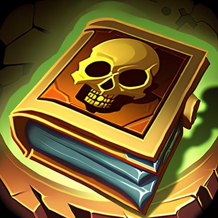 necromancy book with a skull embossed on the cover, stylized game icon