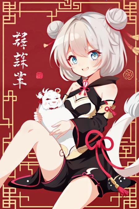 (hyper cute girl:1.1025), (flat color, vector art:1.3401), Chinese dragon theme, beautiful detailed eyes, hyper-detailed, hyper quality, eye-beautifully color, face, (her hair is shaped like a Chinese dragon, Chinese dragon, hair, Chinese dragon:1.2763), (1girl:1.2155), (high details, high quality:1.1576), (backlight:1.1576), high quality, (title:happy new year 2024:1.3), (cover design:1.2), simple background, cover art, trim, album_art, 
/, /, /, /, /, /, /, 
1girl, (chibi), <lora:tangou-v100:0.8:lbw=OUTALL>, tangou, 1girl, theresa apocalypse, double bun, hair bun, chinese clothes, blue eyes, bare shoulders, bangs, white hair, short hair, black shorts, 
/, /, /, /, 
(((holding a little Chinese dragon))), (((sitting, Chinese dragon on legs))), [[smile]], large breast, dragon, (((Chinese dragon print))), (Loong:1.2), pajamas, kimono, bare shoulders, 
/, /, /, /, /, /, 
lantern, red background, ((simple background)), ((happy new year 2024, new year theme, new year, 2024, gift box,)), (red decorations on dragon), ((Chinese new year)), Chinese knot, red ornaments, spring festival, 
/, /, /, /, /, /, /, 
hair with body, CTA dress, CAY leg, Loong hands, body with Loong, dress with Loong, light particles, (Hair with Loong:1.2155), small breast with Loong, 1girl, small breast, marbling with hair and clothes, (original:1.1025), (arm down:1.1025), (paper cutting:1.1025), 
------, 
Low saturation, grand masterpiece, Perfect composition, film light, light art,