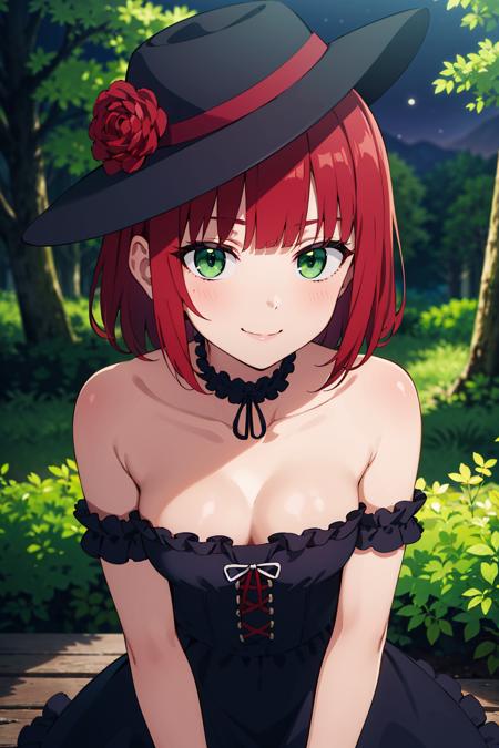 (masterpiece), best quality, expressive eyes, perfect face, solo,
short hair, wavy hair, red hair, green eyes, flat chest, blunt bangs, seductive smile, dress, frills, cleavage, choker, fishnets, eye focus, hat, 
forest, night,