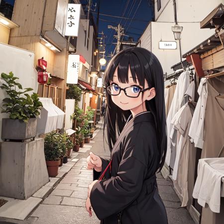 best quality, ultra-detailed, illustration,
1girl, glasses, solo, black hair, long hair, smile, looking at viewer, upper body, face focus,
houzenji yokocho, osaka, japan, scenery, road, outdoors, street, power lines, night, sign, plant, sky, potted plant, building, utility pole, city, realistic, photo background
 <lora:houzenji_yokocho_SD15_V1:0.8>