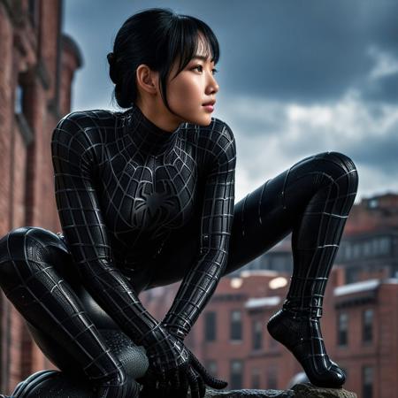 score_9, score_8_up, score_7_up, best quality, realistic, masterpiece, beautiful detail, hyperrealistic, ((1girl, woman body, large breast)), amazing detailed full body of a cute korean girl, cute face, wearing a realistic and highly detailed black raimi spider-man suit, ((defined muscular girl)), professional model wears ultra - detailed black raimi spider - man suit, ultra - detailed and grained black raimi spiderman suit, suit covered entire body and hand, black spiderman gloves, wet, (black hair, attraction, light smile), from side, climbing on a mount, octane render, highly detailed, volumetric, dramatic lighting, (highest quality:1.1), (HDR:1.3), (top quality, best quality), realistic, high definition, cinematic scene, cinematic lighting, intricate detail skin and facial texture, lifelike expression, accurate character design, interesting and complex background details,