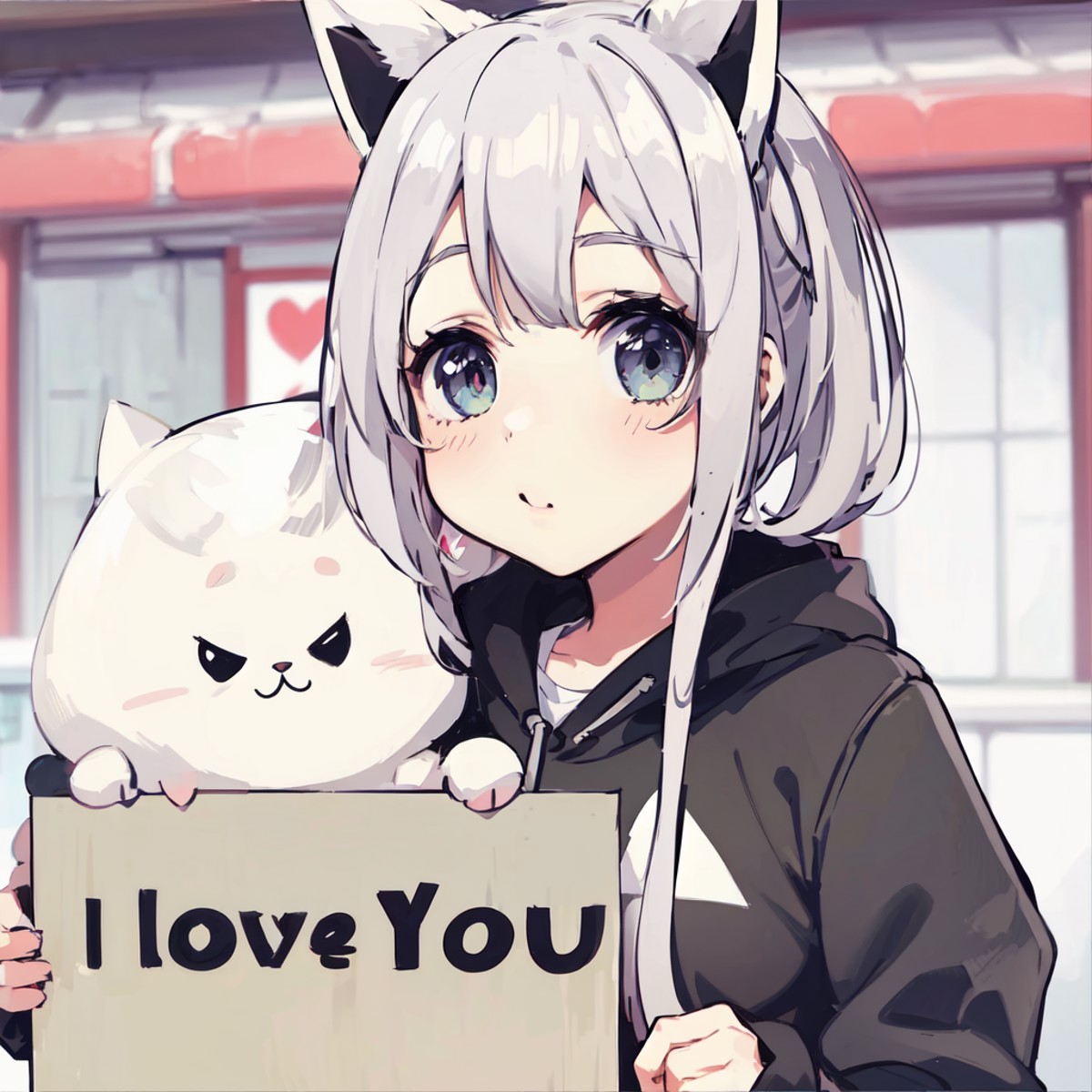 anime, a cute girl holding a sign that says "I love you", :3, catmouth, smug, animal ears, cat tail, fake animal ears, hai...