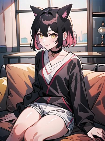 (1girl, solo, masterpiece, best quality, extremely detail), <lora:korean_streamer_v3.1-000014:0.8>, light smile, dolphin_shorts, hair, indoors, sitting, on couch, (sahyang, animal ears, black hair, colored inner hair, pink hair, choker, yellow eyes, short hair)