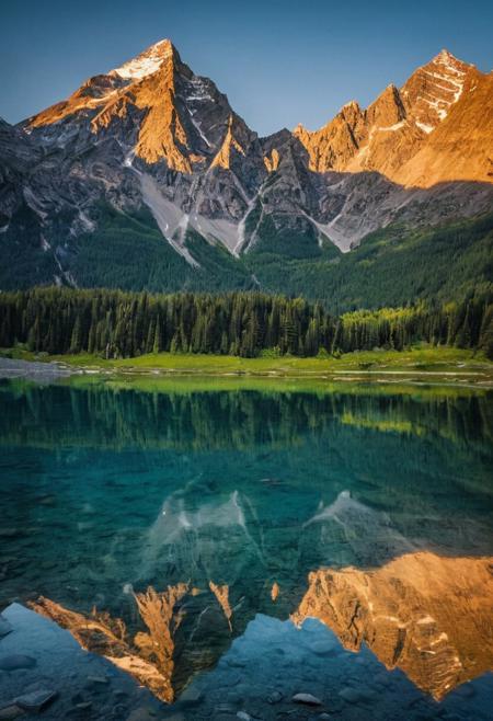 A scenic landscape with a majestic mountain range and a serene lake, inspired by National Geographic, detailed, romantic, vibrant, intricate, highly, cinematic, dynamic, thought, epic, designed, perfect composition, dramatic, breathtaking, beautiful, ambient light, advanced, atmosphere, gorgeous, best, vivid, real, full, detail, optimistic, color, holy, pure