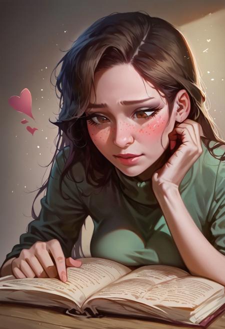 score_9, score_8_up, score_7_up,  1girl, solo, expressive, hearts, dynamic, brown hair, brown eyes, pale skin girl, pale skin, freckles, green turtleneck, cozy, blush, in_office, looking_longingly, seductive, sexy_woman<lora:sdxl/pony_twilight_style:0.8> <lora:sdxl/Expressive_H-000001:0.8>, reading a book