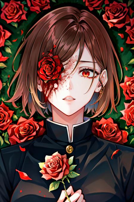 <lora:nobara:1> kugisaki nobara, parted lips, blood on face, looking at viewer, school uniform, rose, short hair, red flower, red eyes, red rose, 1girl, blood, flower, brown hair, solo, bleeding, flower over eye, one eye covered