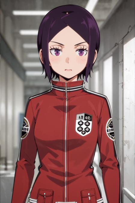 kitora ai short hair, forehead red jacket, black pants, red footwear,boots