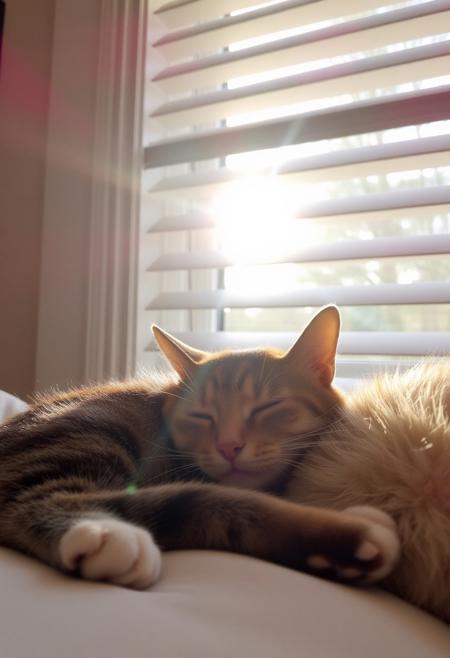 a cat having a nap in the bit of sun coming through the window blinds