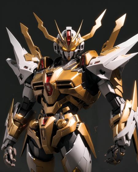 ((masterpiece)), (((best quality))), ((ultra-detailed)), ((illustration)), dynamic angle,yellow,gold body,black,red,transparent background, cowboy shot, ((solo)), mecha, looking at viewer,standing, weapon,v-fin,(from side), mechanical head, Cannon,glowing, spikes, ((from above:1.2)),realistic