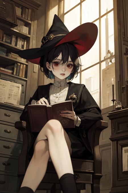 masterpiece, hat, red eyes, book, black hair, solo, witch hat, sitting, jewelry, indoors, crossed legs, 1girl, short hair, shorts, earrings, shirt, white shirt, holding, window, bookshelf, bangs, socks, multicolored hair, necklace, red headwear, black socks, open book, long sleeves, holding book, collared shirt, ear piercing, black shorts, piercing, parted lips, feet out of frame, clock, witch, candle, reading, paper <lora:idc128dim-epoch-000008:1>