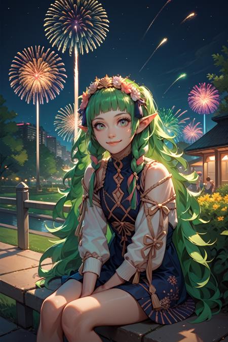 FESothis, 1girl, green hair, long hair, blunt bangs, pointy ears