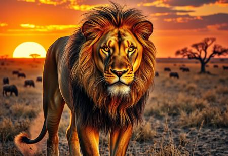 "Masterpiece, best quality, highres, ultra-detailed, cinematic lighting. A majestic lion stands in the heart of the sun-scorched savanna, staring directly at the viewer with piercing golden eyes. Its powerful frame is accentuated by the warm glow of the setting sun, casting long shadows over the dry grass. The lion’s thick, flowing mane ripples in the wind, a mix of deep amber, tawny brown, and hints of black. Muscles ripple beneath its sleek fur, each detail meticulously rendered, from the faint battle scars on its muzzle to the subtle dust clinging to its coat. The savanna stretches endlessly behind it, with acacia trees silhouetted against the fiery hues of the dusk sky. Wisps of dust rise from the cracked earth, swirling in the soft breeze. A few distant silhouettes of wildebeests and zebras graze under the fading light, their presence barely noticeable against the vast horizon. The lion’s expression is regal, unwavering, exuding both dominance and wisdom an apex predator, yet a guardian of the land. The atmosphere is tense, as if the lion is studying its observer, deciding whether to attack or simply acknowledge their presence. The composition is perfectly balanced, with the lion slightly off-center, drawing immediate focus to its intense gaze and the intricate details of its face and mane."