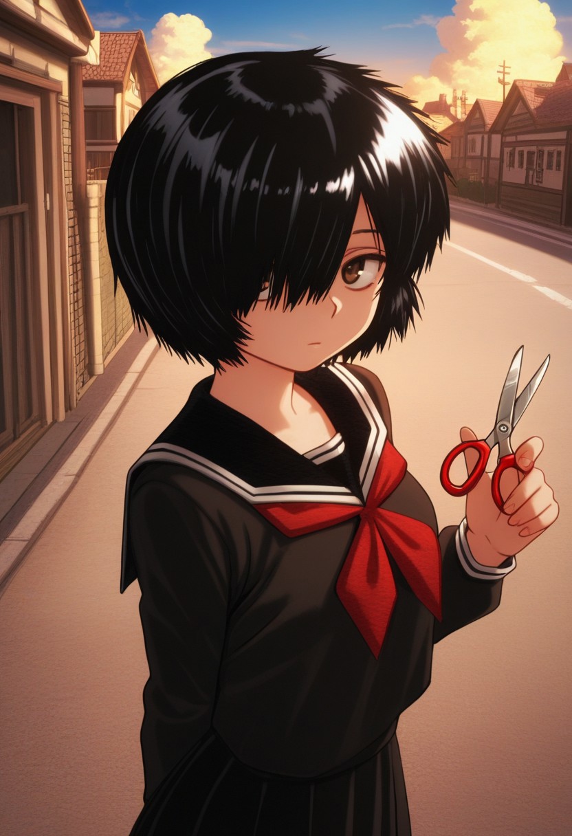 A young woman with brown eyes, short black hair, and a neutral expression standing on a residential street, holding a small pair of red-handled scissors in her left hand while looking at the viewer. She is wearing a dark, long-sleeved Japanese sailor-style school uniform with a white-trimmed collar and a large red bow at the neck. The background shows a quiet suburban street lined with houses under a late afternoon sky with orange-tinted clouds.