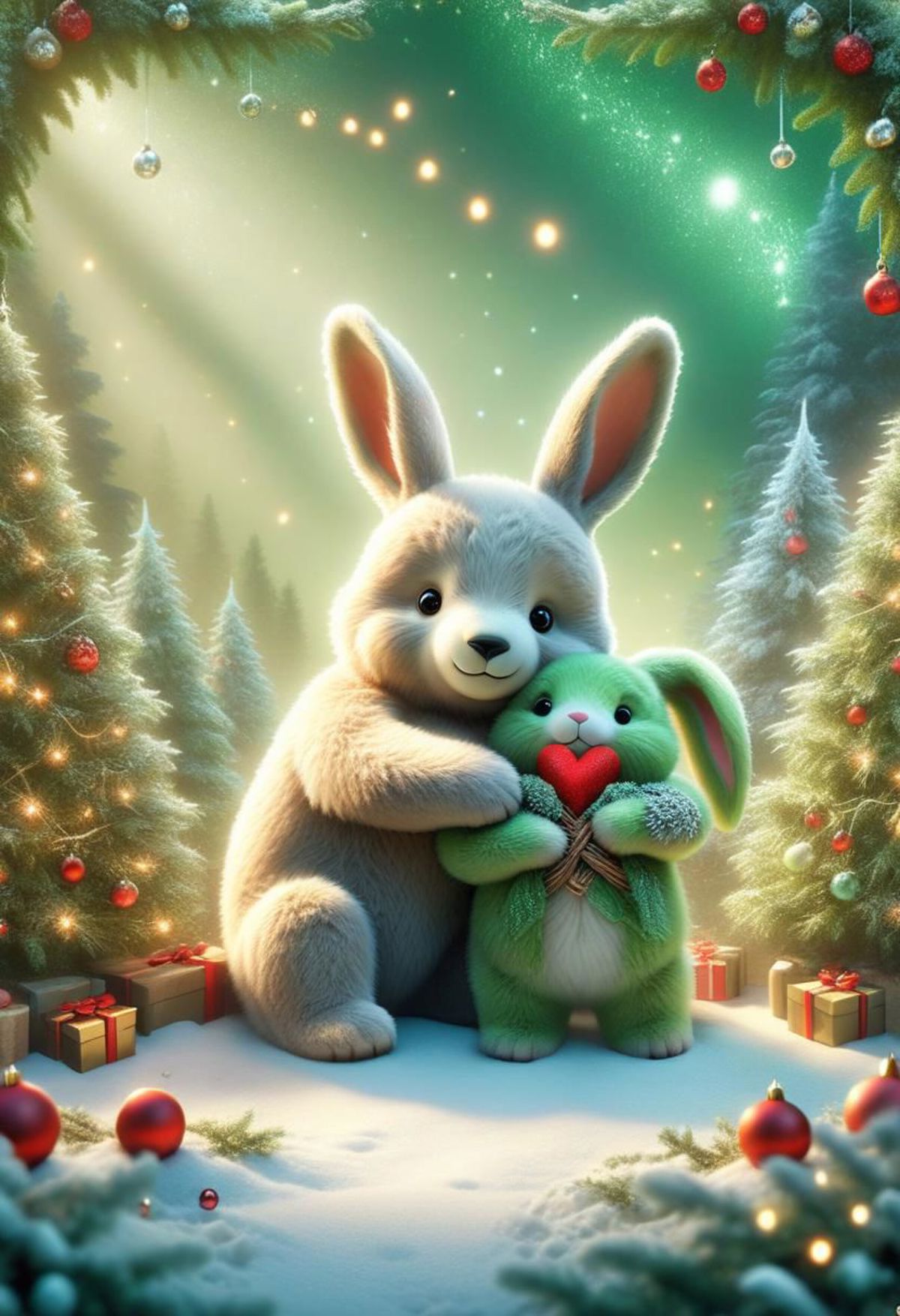A white teddy bear hugging a green teddy bear in front of a Christmas tree.