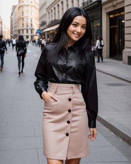 sfw, best quality, ultra high res, ultra-detailed face and eyes, detailed body, detailed clothes, kodak portra 400, (photorealistic:1. 4), a beautiful lady in the city, detailed background, (street in city:1. 2), (black shirt:1. 4), (black skirt:1. 5), leather skirt, (black hair:1. 4), looking back, smiling, blush, narrow waist, light brown eyes, <lora:aigirl:0. 6>, professional light, face focus, (light on the face), <lora:add_detail:0.75>