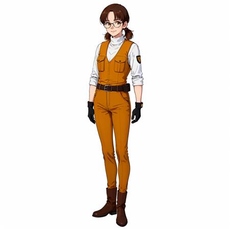 masterpiece,high quality,white background,solo,
<lora:millychilder003:0.5>,looking at viewer,smile,
millychilder,1woman,
short hair,short twintails,low twintails,brown hair,parted bangs,brown eyes,glasses,round eyewear,freckles,
uniform,white shirt,turtleneck,yellow vest,pocket,arms at sides,long sleeves,sleeves rolled up,
black gloves,
belt,belt buckle,pants,
brown footwear,ankle boots,black footwear,