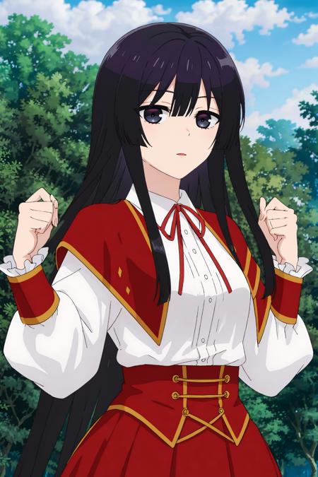 ((best quality)),((highly detailed)),masterpiece,absurdres,detailed face,beautiful face,(detailed eyes, deep eyes),1girl,((dynamic pose)) ,   <lora:EumiellaV1:0.7>, Eumiella, solo, long hair, black hair, black eyes, ribbon, outdoors, shirt, red ribbon, neck ribbon, long sleeves, skirt, white shirt, day, bangs, looking at viewer, red skirt, sky, closed mouth, very long hair, tree, frills, cloud, upper body, collared shirt, hair between eyes, capelet, blue sky, puffy sleeves, sidelocks, dress shirt, shiny hair, shiny, red capelet, nature, straight hair, expressionless, forest, hime cut, frown, buttons, cloudy sky, blunt bangs