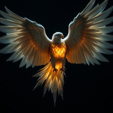 ave fenix, fondo oscuro, primer plano, alas desplegadas, iluminacion derecha, cuerpo de patatas, cortadas, rodajas,