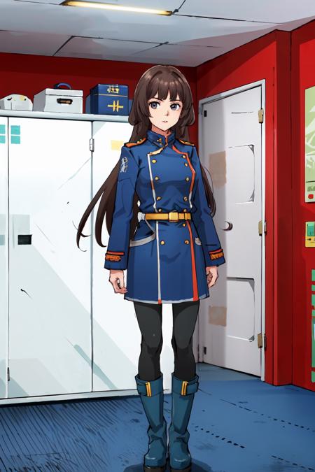 1girl,sashaaw,standing,looking at viewer,blue coat,military uniform,leggings,boots,full body,stern face,arms at sides,indoors,in barracks, <lora:SashaAW:0.8>